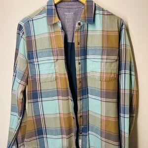 Toad&Co Aqua, Mustard & Navy Plaid Button-Up | Size S